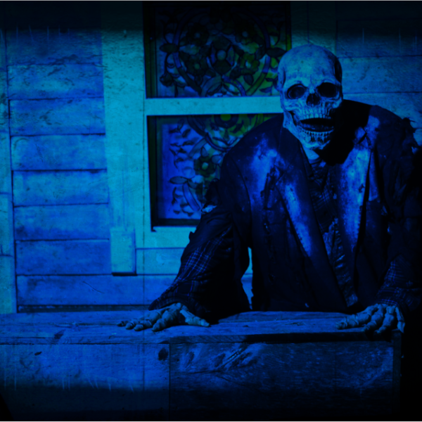 Hayride Cemetery Church at night at Scary Acres Rhode Island