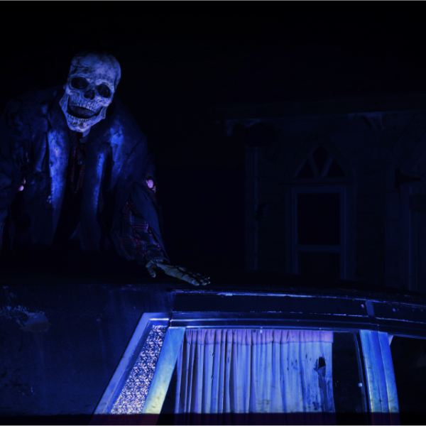 Hayride Cemetery Hearse at night at Scary Acres Rhode Island