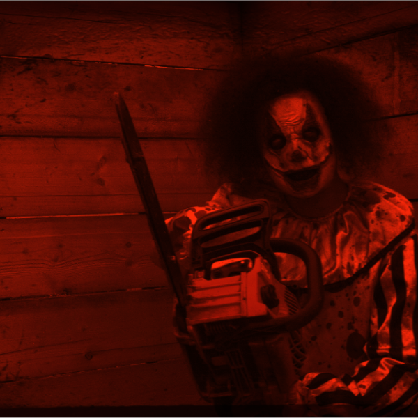 Maze Chainsaw scene at night at Scary Acres Rhode Island